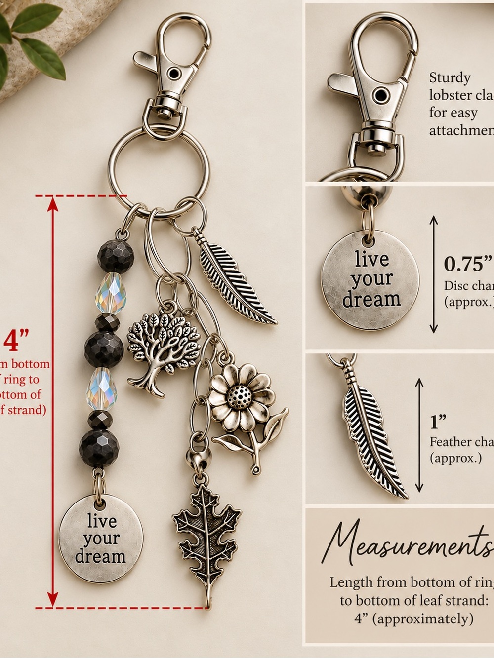 Handcrafted Nature-Inspired Bag Charm: âLive Your Dreamâ - Picture 3 of 6